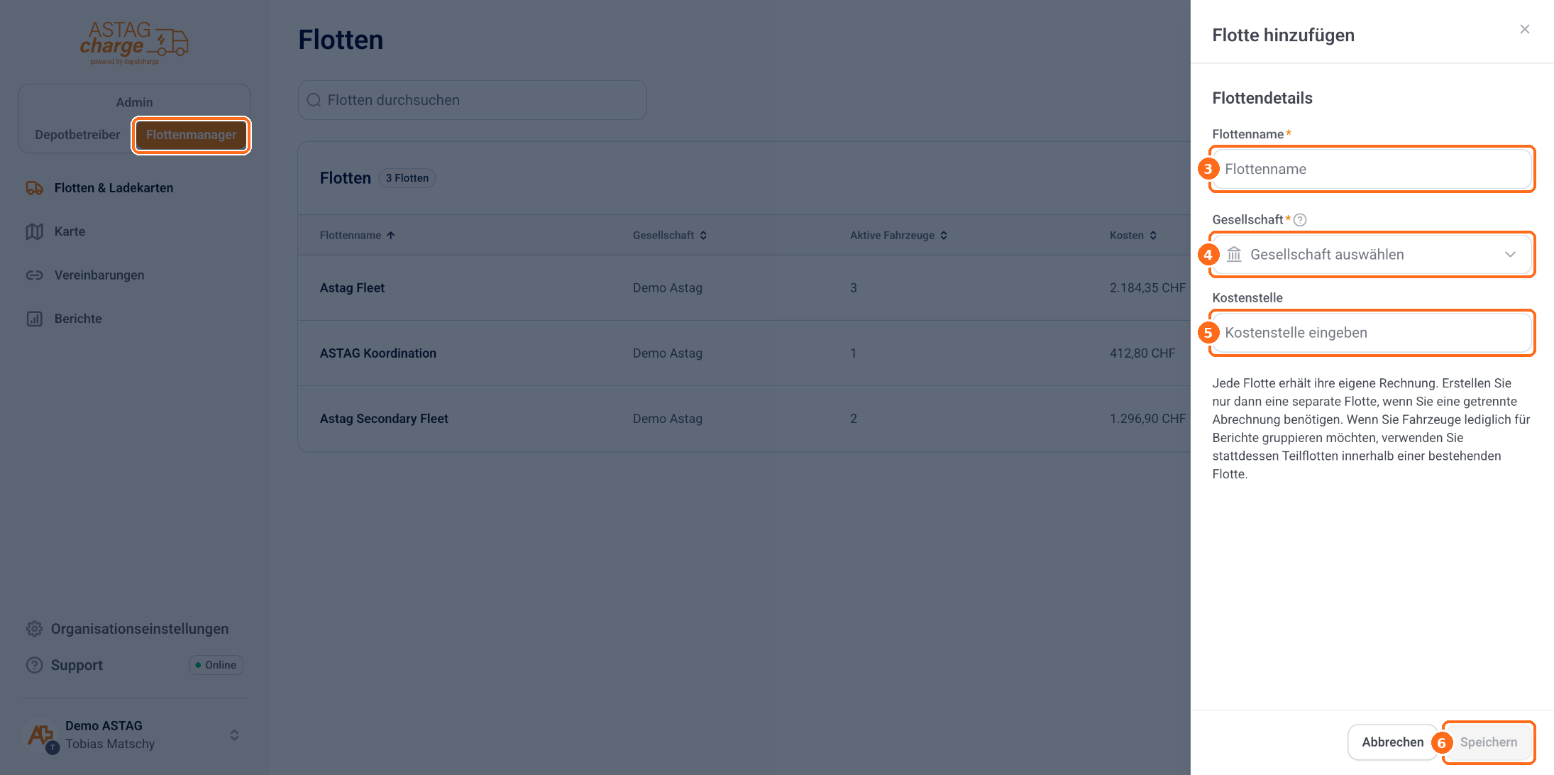 Screenshot: Flotte anlegen