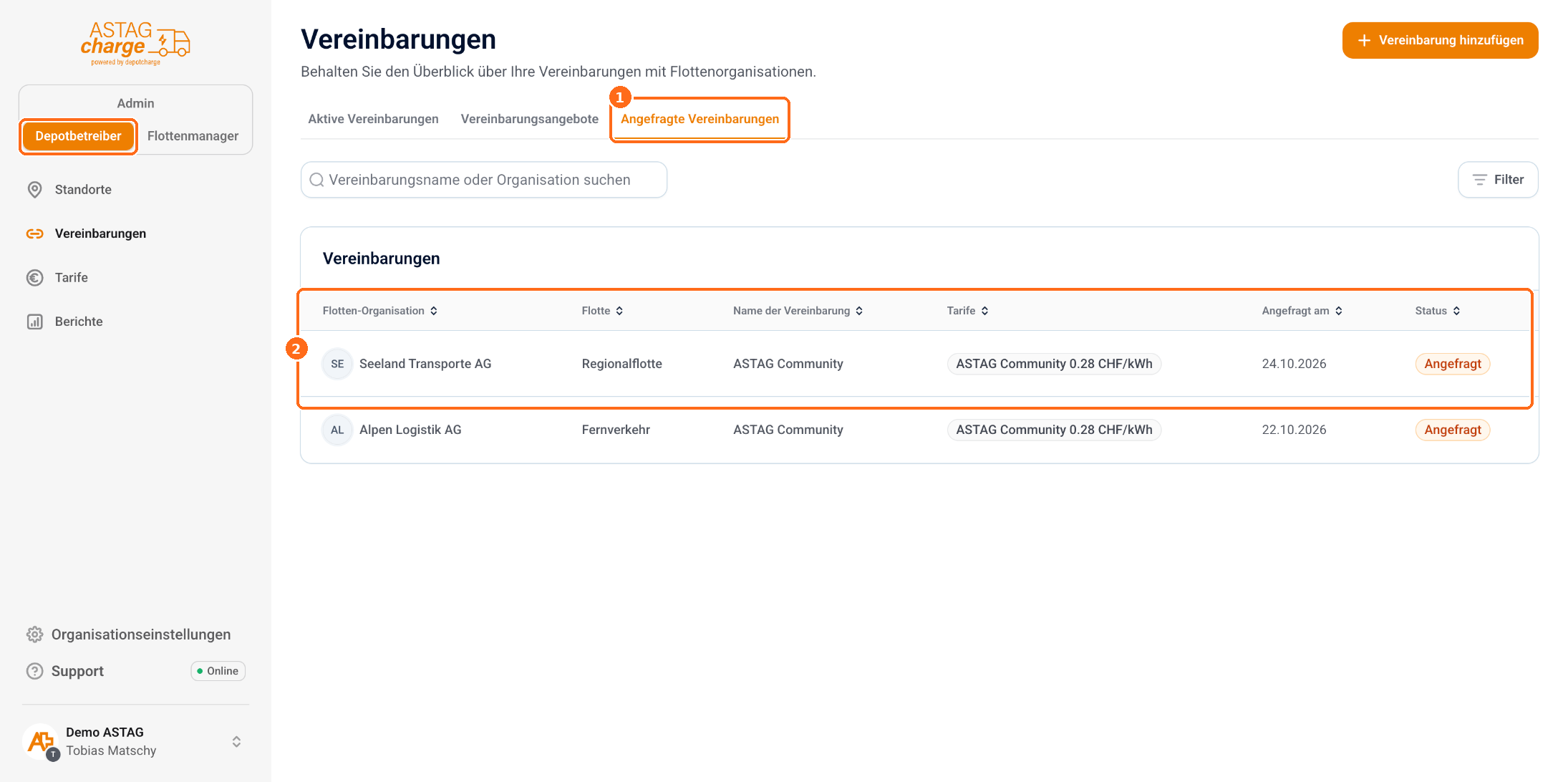 Screenshot: Angefragte Vereinbarungen
