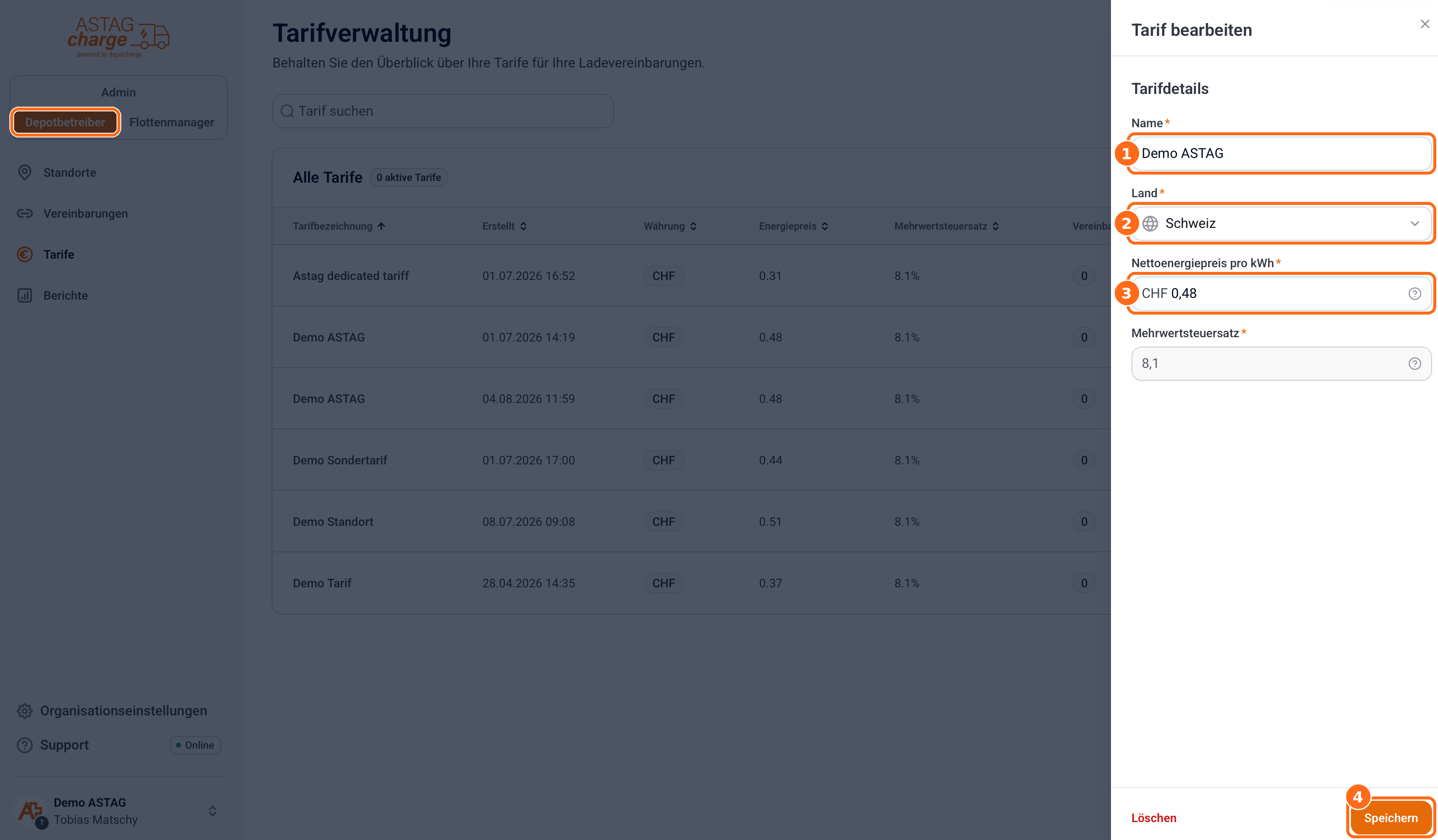 Screenshot: Tarif bearbeiten