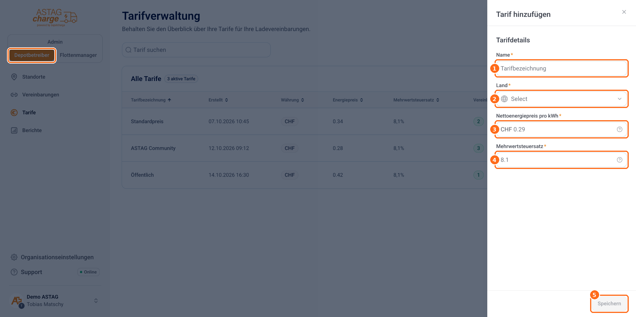 Screenshot: Tarif hinzufuegen