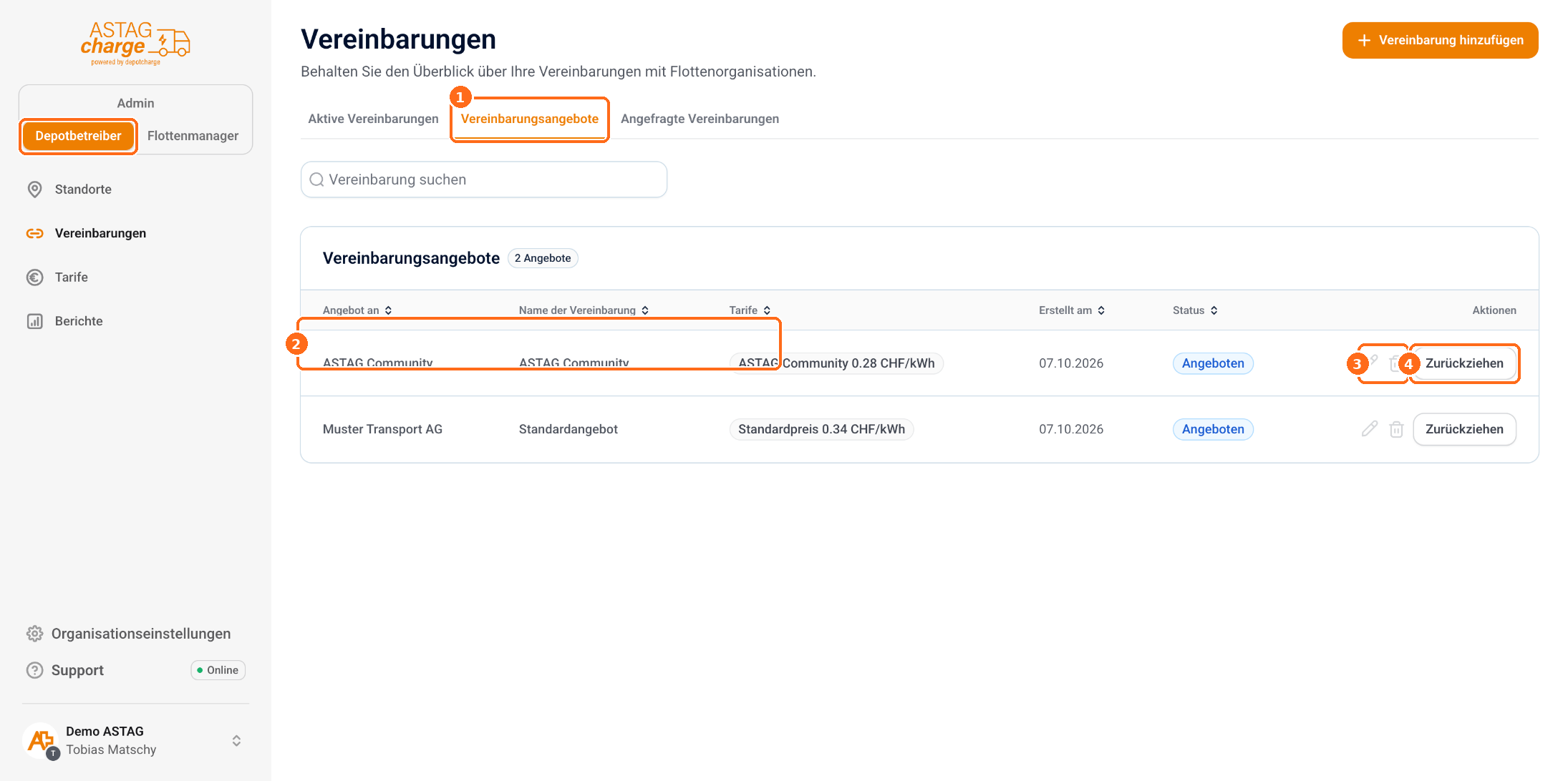 Screenshot: Vereinbarungsangebote