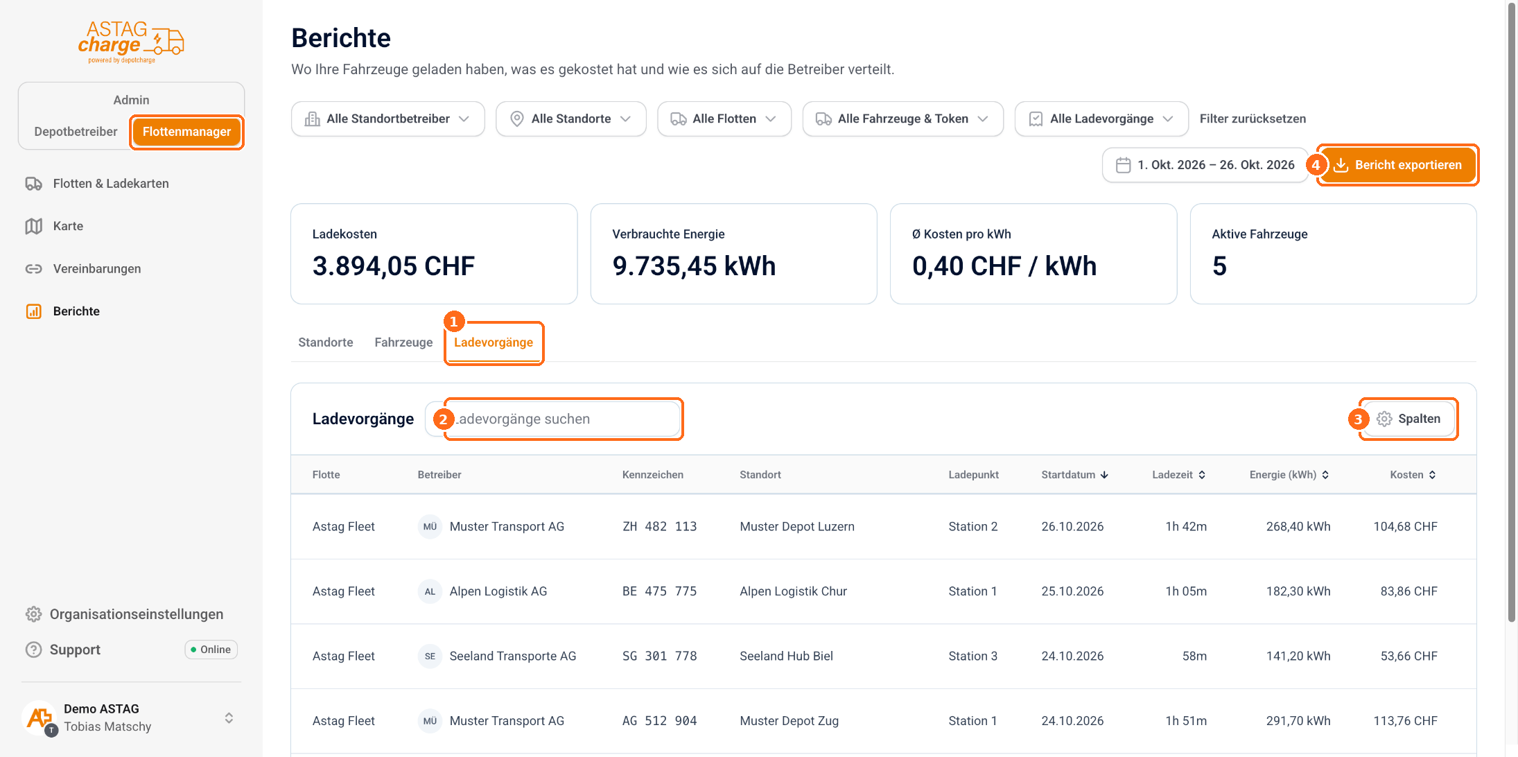 Screenshot: Berichte Flotte Ladevorgaenge
